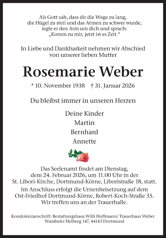  Traueranzeige für Rosemarie Weber vom 14.02.2026 aus Ruhr Nachrichten