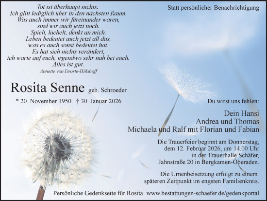Traueranzeige von Rosita Senne von Hellweger Anzeiger