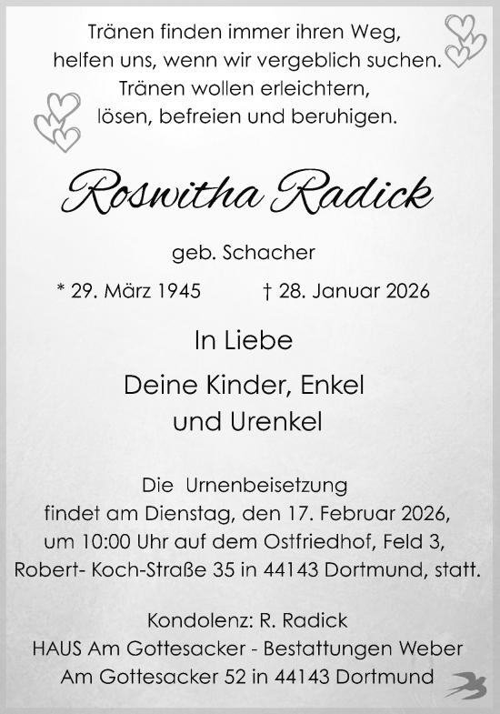 Traueranzeige von Roswitha Radick von Ruhr Nachrichten