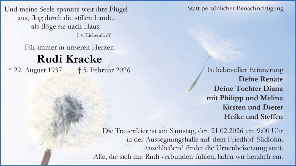  Traueranzeige für Rudi Kracke vom 18.02.2026 aus Münsterland Zeitung