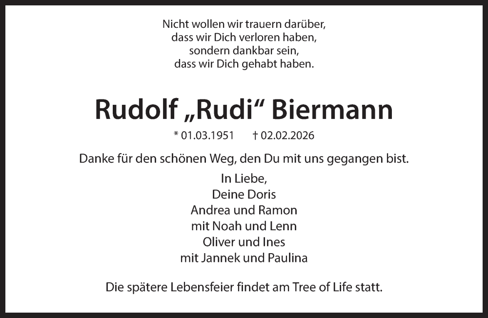  Traueranzeige für Rudolf Biermann vom 07.02.2026 aus 