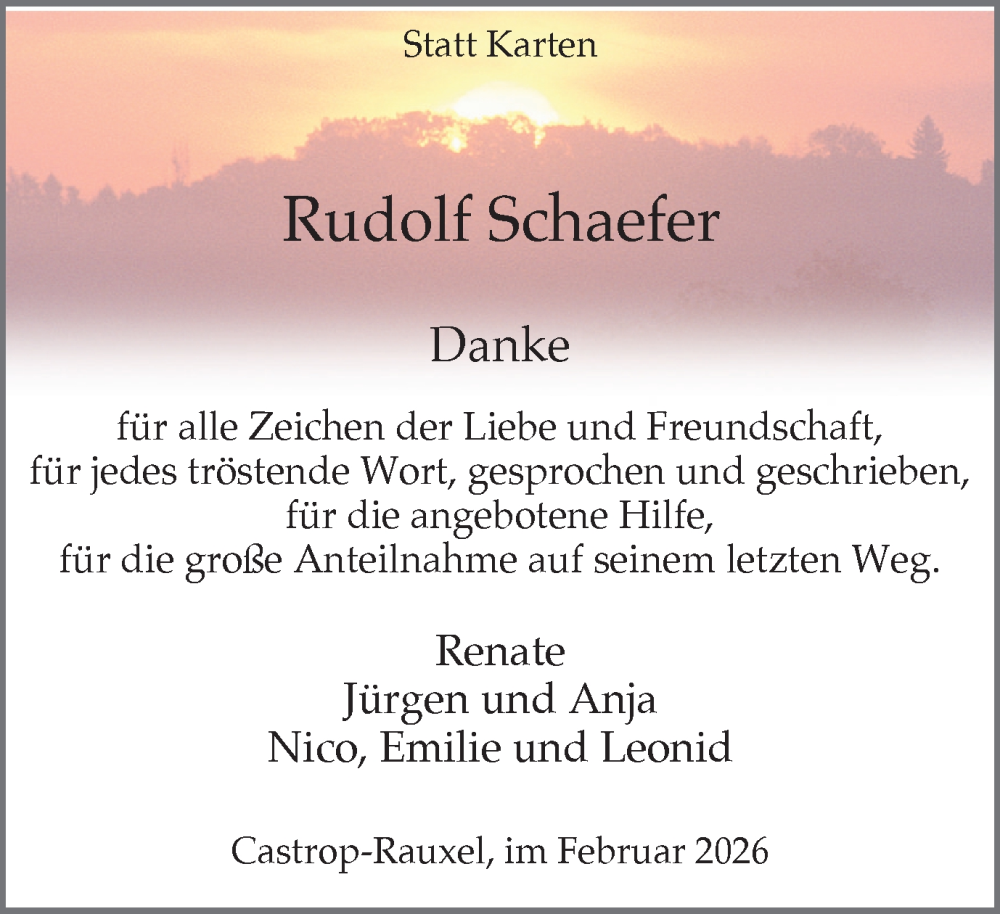  Traueranzeige für Rudolf Schaefer vom 07.02.2026 aus Stadtanzeiger Castrop-Rauxel