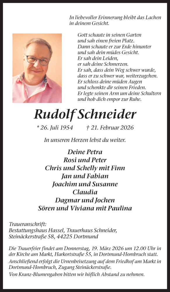  Traueranzeige für Rudolf Schneider vom 28.02.2026 aus Ruhr Nachrichten