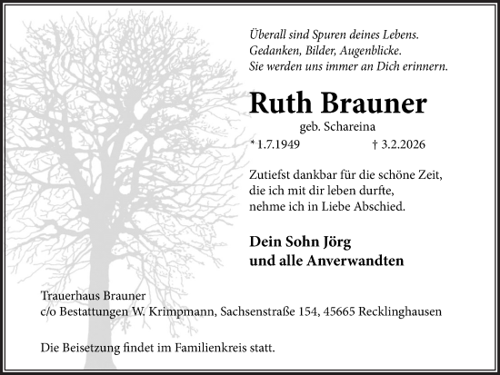 Traueranzeige von Ruth Brauner von Trauer Vest
