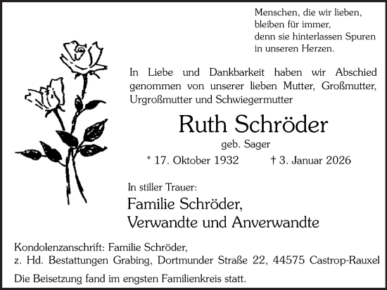 Traueranzeige von Ruth Schröder von Stadtanzeiger Castrop-Rauxel