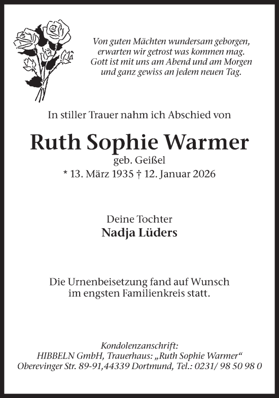 Traueranzeige von Ruth Sophie Warmer von Ruhr Nachrichten