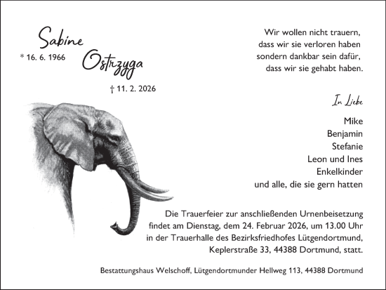 Traueranzeige von Sabine Ostrzyga von Ruhr Nachrichten