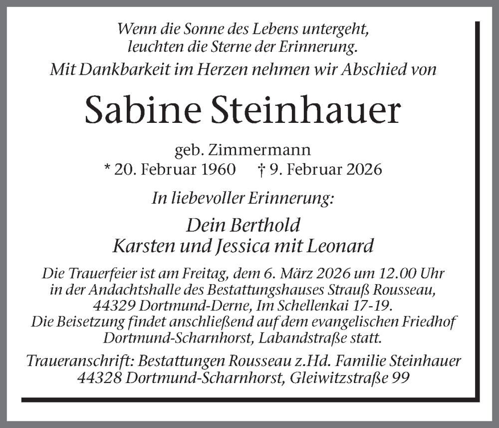  Traueranzeige für Sabine Steinhauer vom 14.02.2026 aus Ruhr Nachrichten
