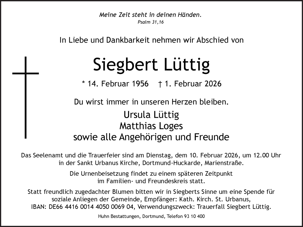  Traueranzeige für Siegbert Lüttig vom 07.02.2026 aus Ruhr Nachrichten