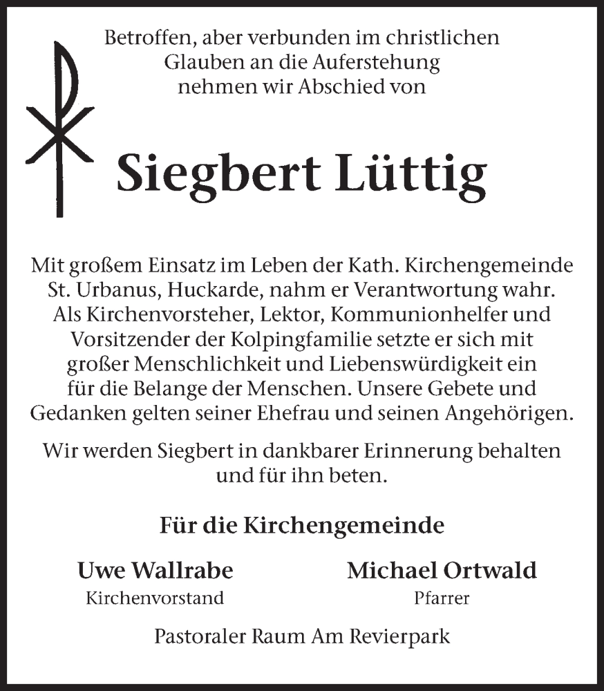  Traueranzeige für Siegbert Lüttig vom 07.02.2026 aus Ruhr Nachrichten