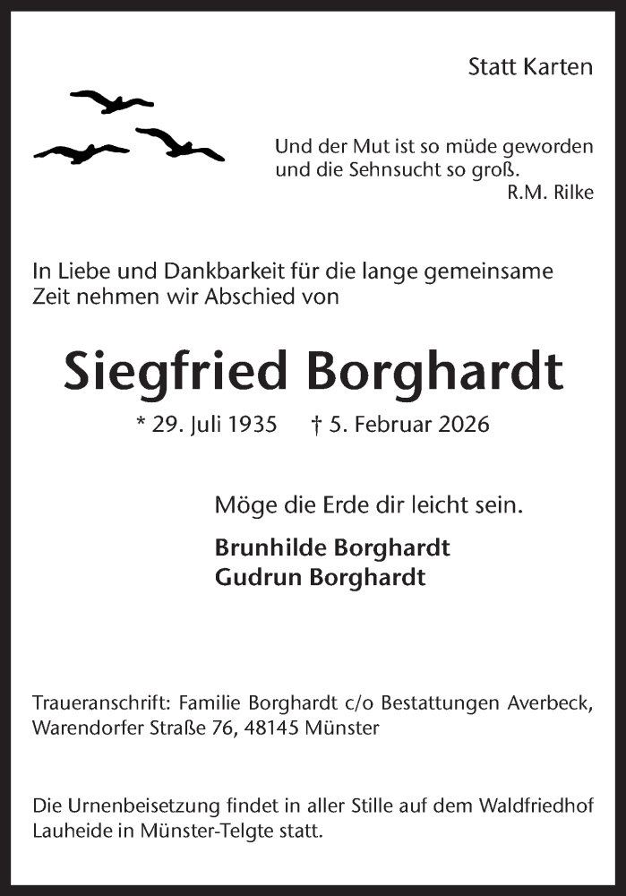  Traueranzeige für Siegfried Borghardt vom 14.02.2026 aus Hellweger Anzeiger