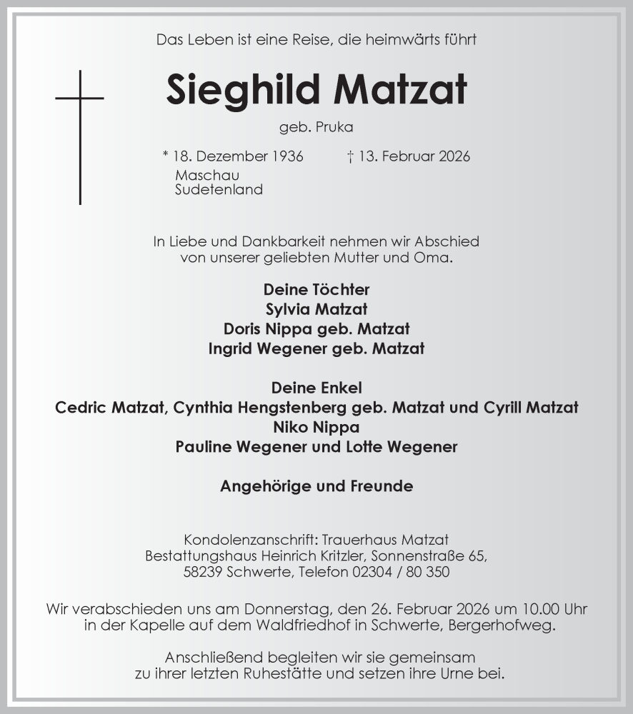  Traueranzeige für Sieghild Matzat vom 21.02.2026 aus Ruhr Nachrichten