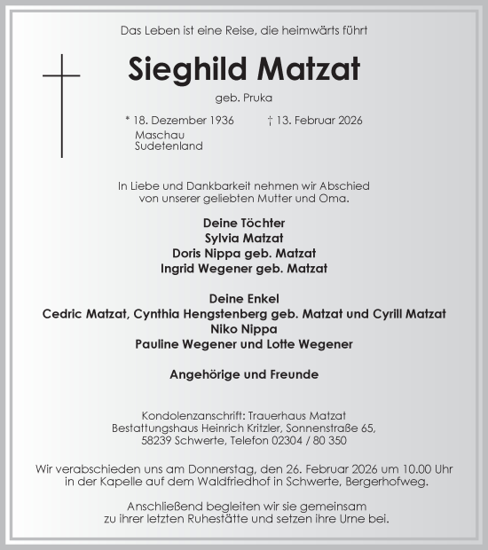 Traueranzeige von Sieghild Matzat von Ruhr Nachrichten