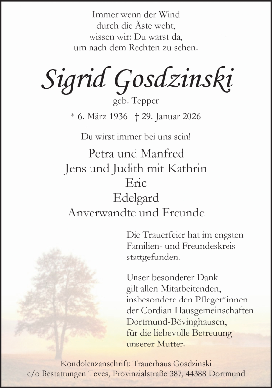 Traueranzeige von Sigrid Gosdzinski von Ruhr Nachrichten