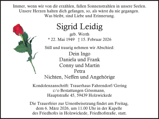 Traueranzeige von Sigrid Leidig von Hellweger Anzeiger