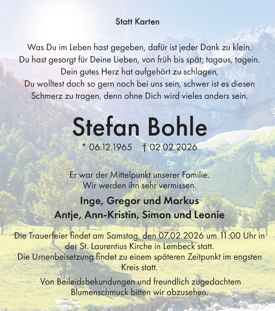  Traueranzeige für Stefan Bohle vom 05.02.2026 aus Ruhr Nachrichten und Dorstener Zeitung