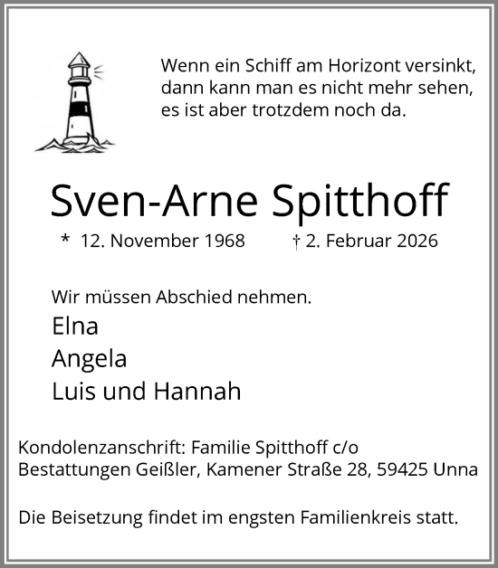 Traueranzeige von Sven-Arne Spitthoff von Hellweger Anzeiger