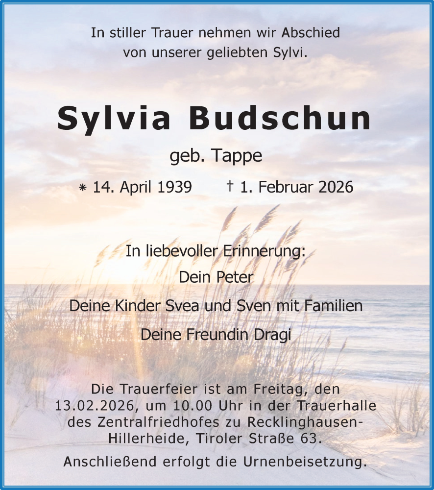  Traueranzeige für Sylvia Budschun vom 07.02.2026 aus Trauer Vest