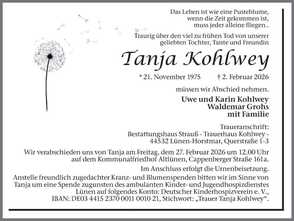  Traueranzeige für Tanja Kohlwey vom 14.02.2026 aus Lüner Anzeiger