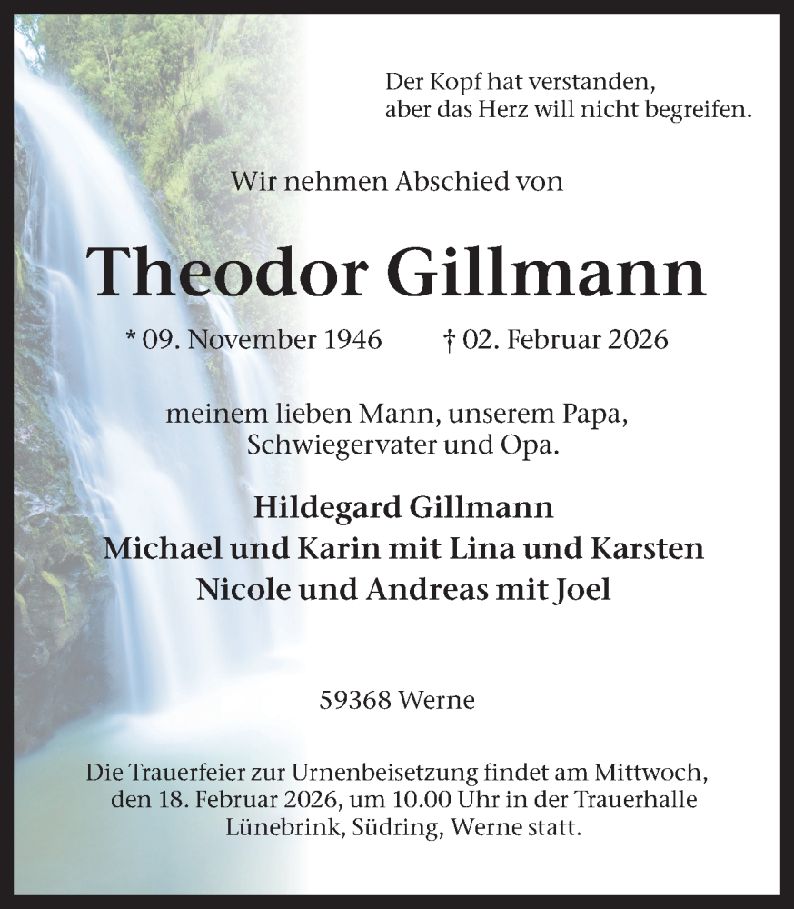  Traueranzeige für Theodor Gillmann vom 14.02.2026 aus Ruhr Nachrichten
