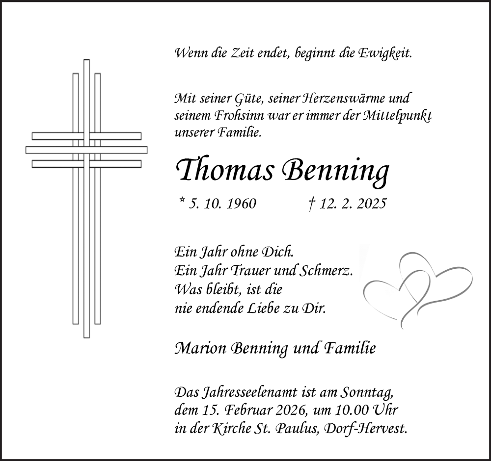  Traueranzeige für Thomas Benning vom 12.02.2026 aus Ruhr Nachrichten und Dorstener Zeitung