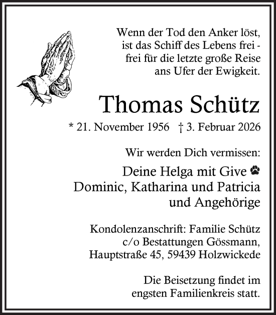 Traueranzeige von Thomas Schütz von Hellweger Anzeiger