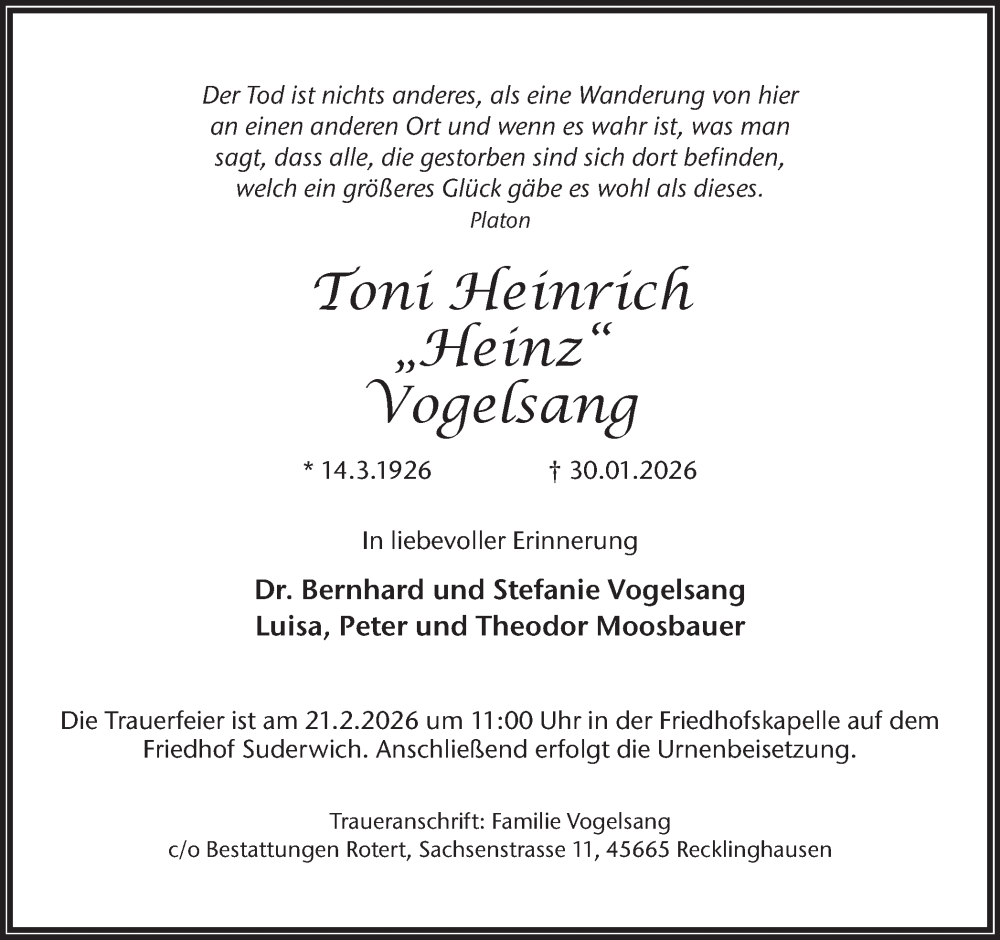  Traueranzeige für Toni Heinrich Vogelsang vom 14.02.2026 aus Trauer Vest