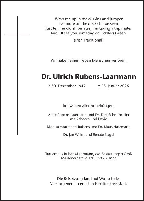 Traueranzeige von Ulrich Rubens-Laarmann von Ruhr Nachrichten