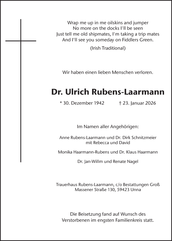  Traueranzeige für Ulrich Rubens-Laarmann vom 07.02.2026 aus Hellweger Anzeiger