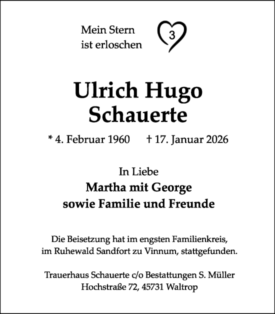 Traueranzeige von Ulrich Hugo Schauerte von Ruhr Nachrichten