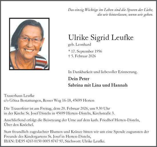 Traueranzeige von Ulrike Sigrid Leufke von Trauer Vest