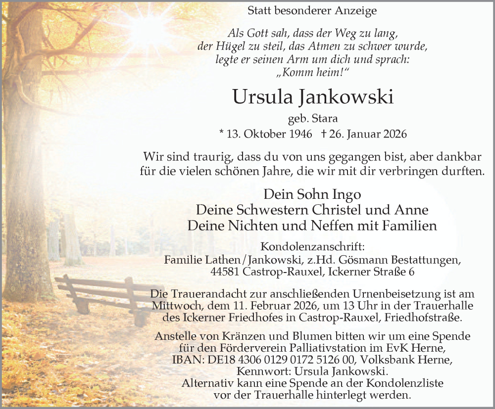  Traueranzeige für Ursula Jankowski vom 07.02.2026 aus Stadtanzeiger Castrop-Rauxel
