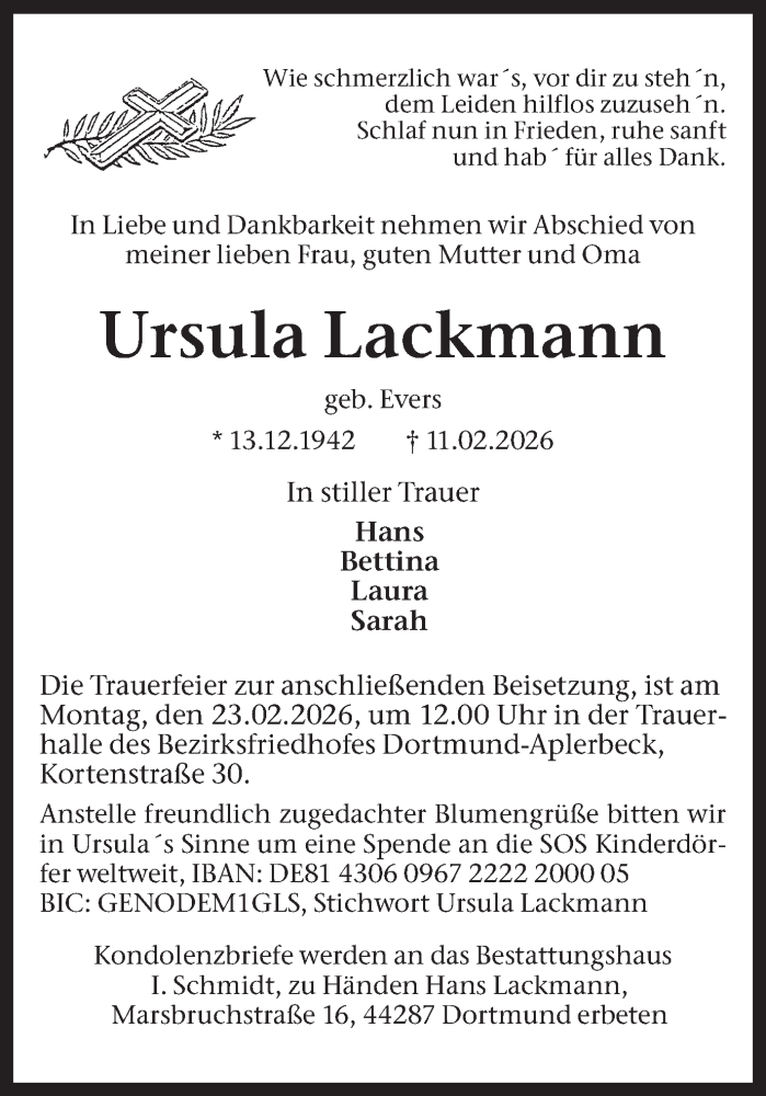  Traueranzeige für Ursula Lackmann vom 14.02.2026 aus Ruhr Nachrichten