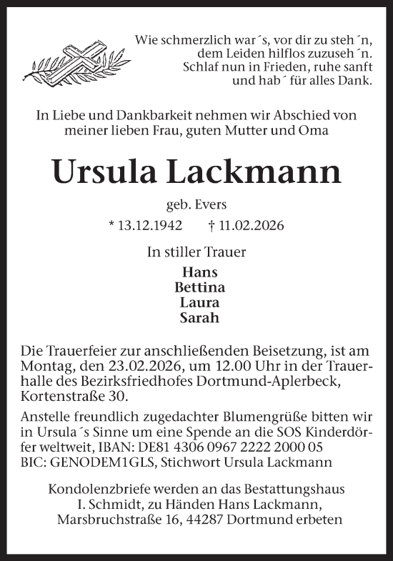 Traueranzeige von Ursula Lackmann von Ruhr Nachrichten