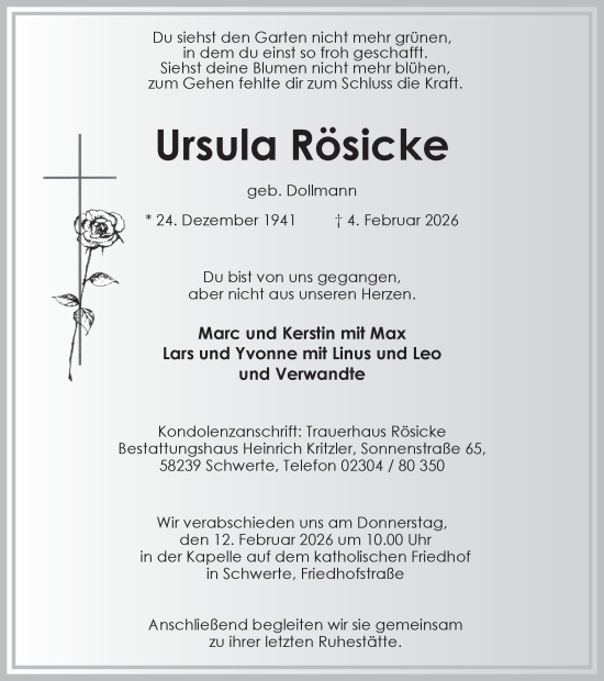 Traueranzeige von Ursula Rösicke von Ruhr Nachrichten