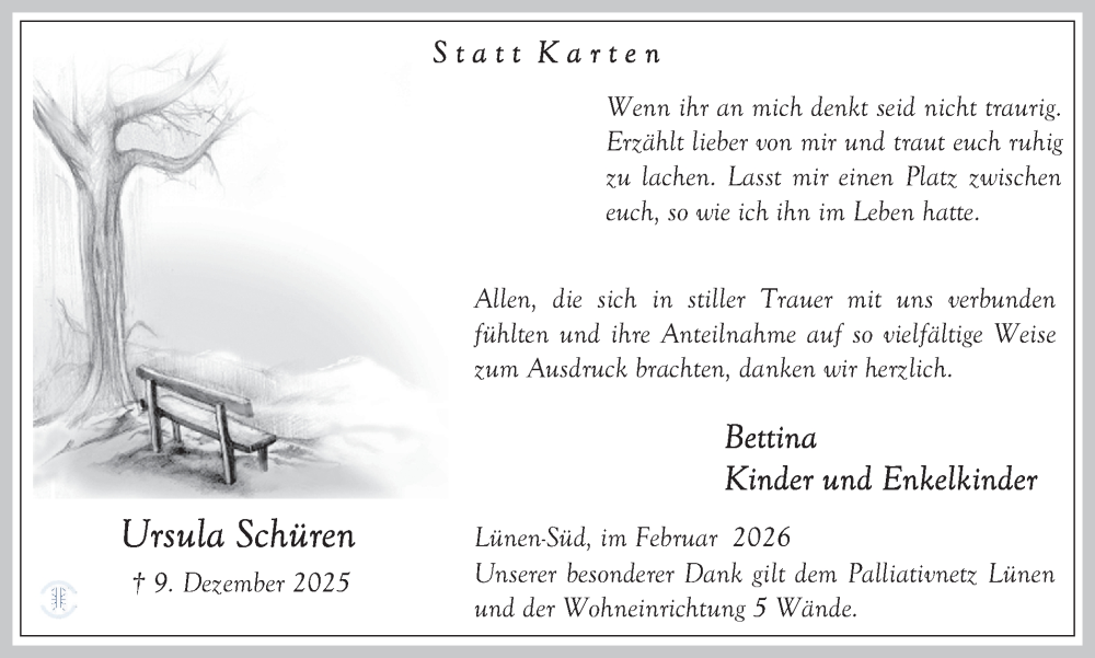 Traueranzeige für Ursula Schüren vom 14.02.2026 aus Lüner Anzeiger