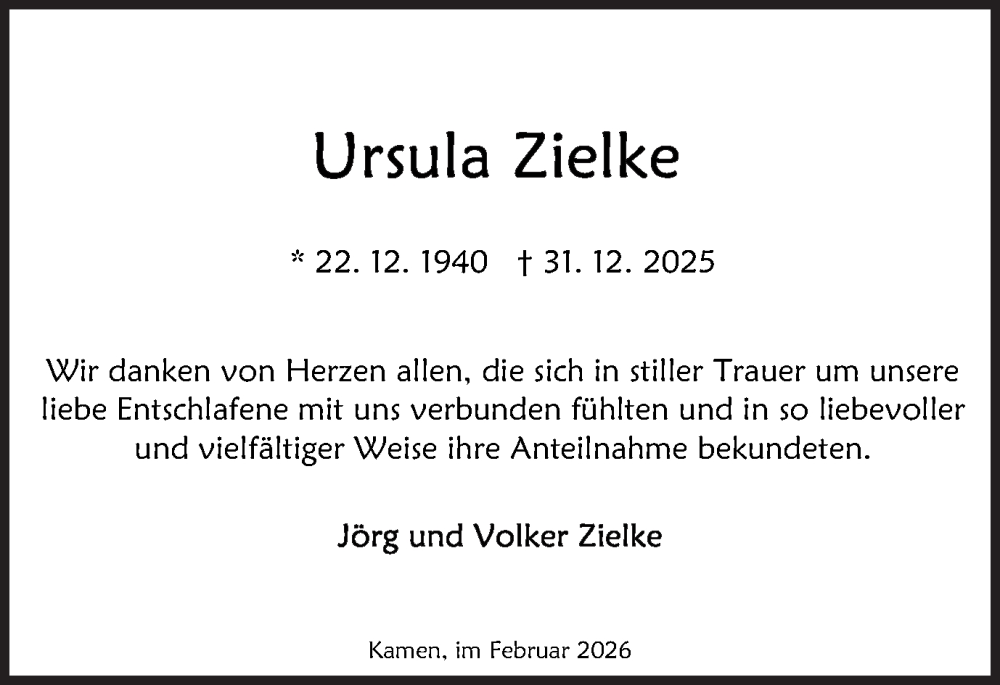  Traueranzeige für Ursula Zielke vom 11.02.2026 aus Hellweger Anzeiger