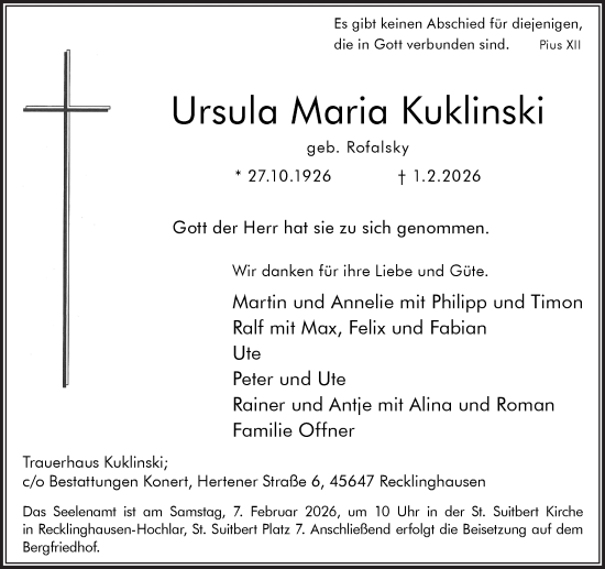 Traueranzeige von Ursula Maria Kuklinski von Trauer Vest