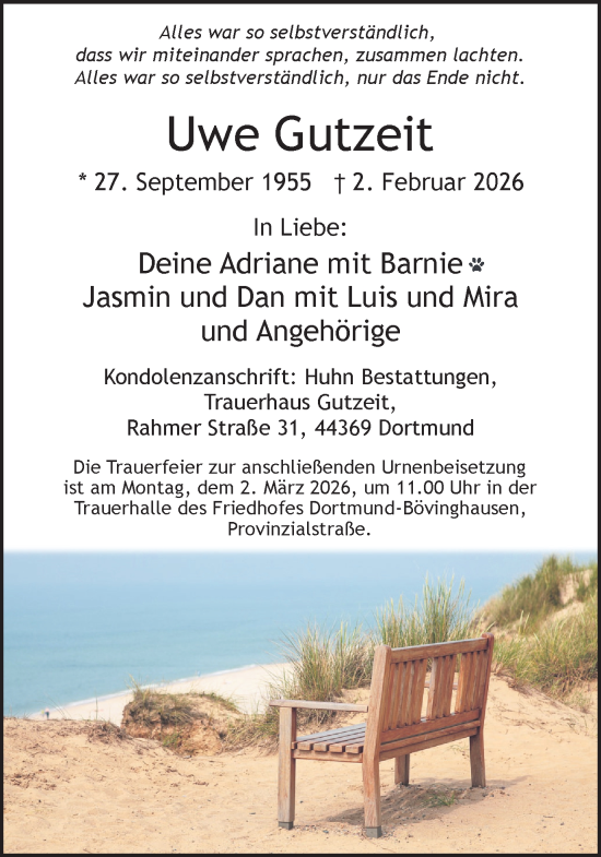 Traueranzeige von Uwe Gutzeit von Ruhr Nachrichten