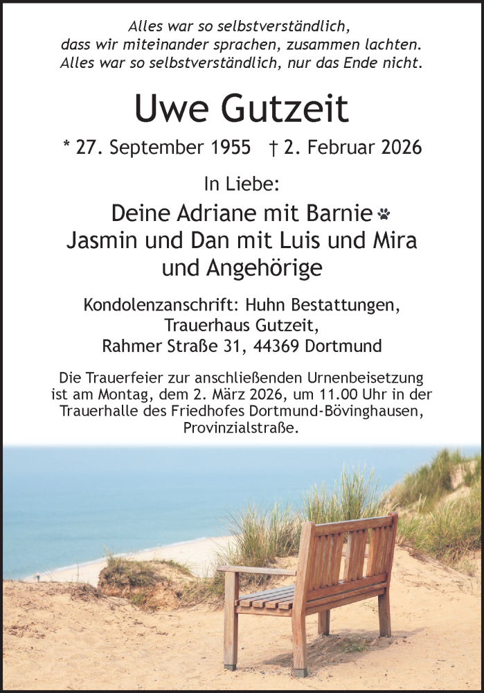  Traueranzeige für Uwe Gutzeit vom 21.02.2026 aus Ruhr Nachrichten
