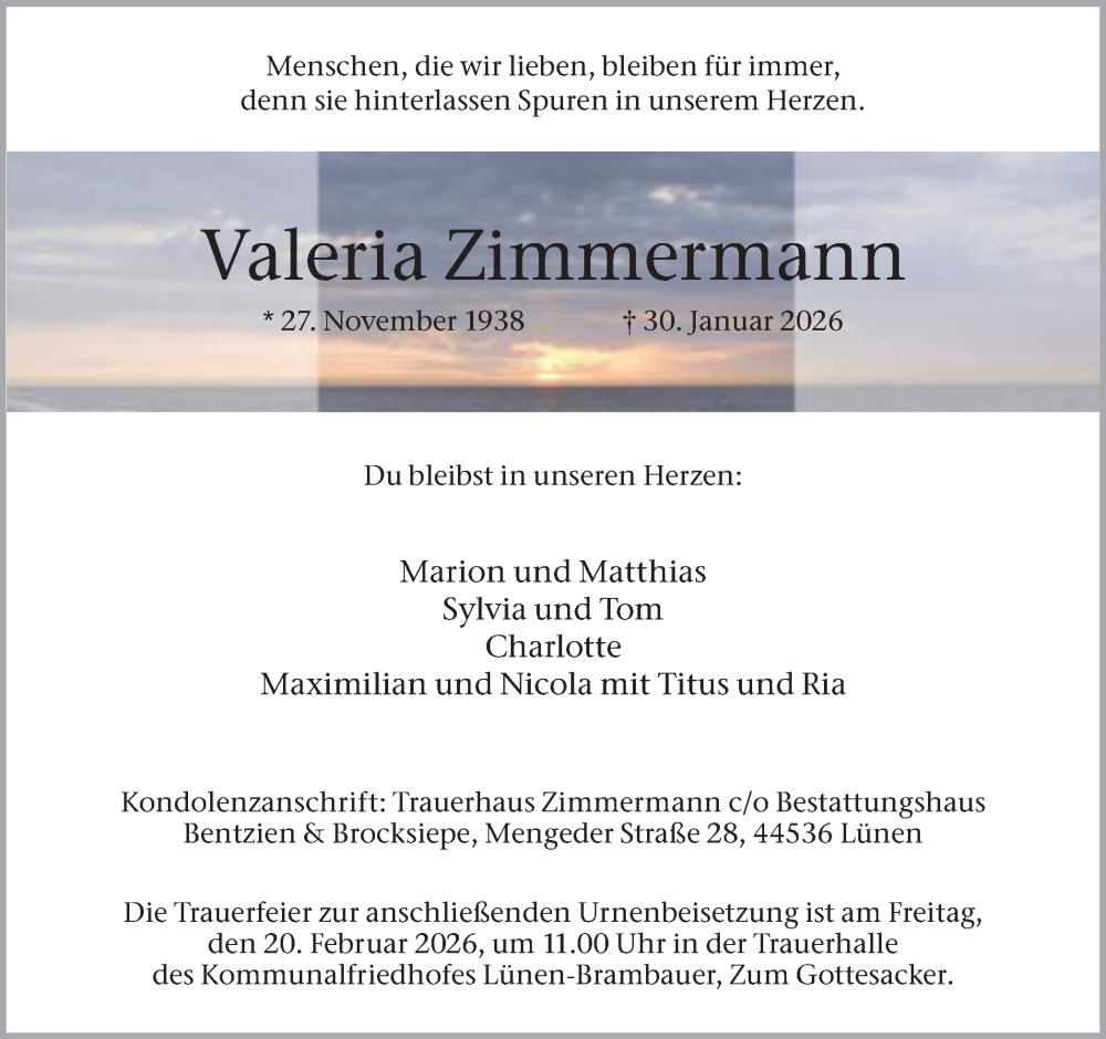  Traueranzeige für Valeria Zimmermann vom 07.02.2026 aus Lüner Anzeiger