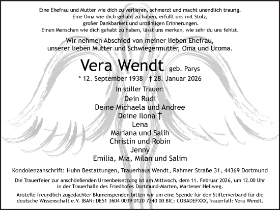 Traueranzeige von Vera Wendt von Ruhr Nachrichten