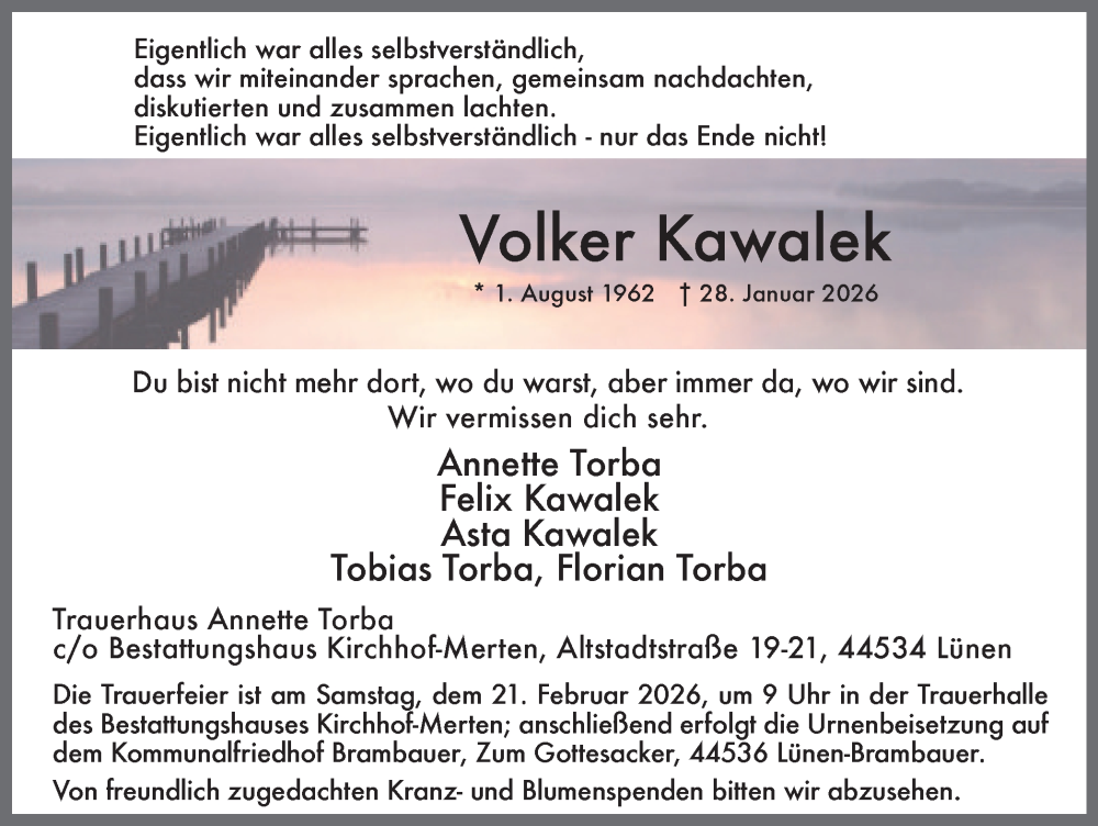  Traueranzeige für Volker Kawalek vom 14.02.2026 aus Ruhr Nachrichten