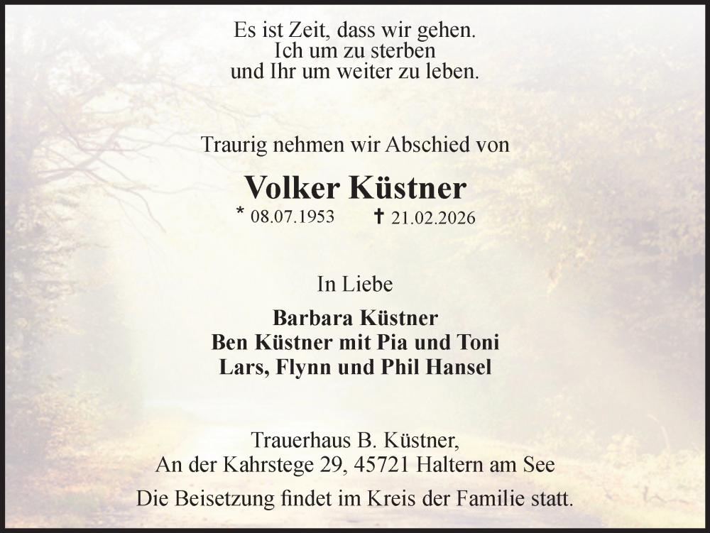  Traueranzeige für Volker Küstner vom 25.02.2026 aus Ruhr Nachrichten und Halterner Zeitung