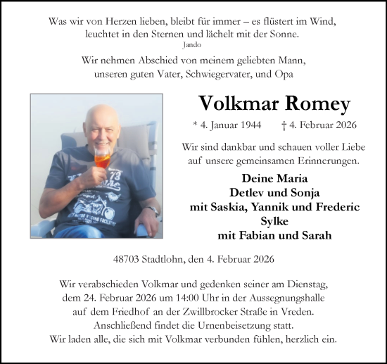 Traueranzeige von Volkmar Romey von Münsterland Zeitung