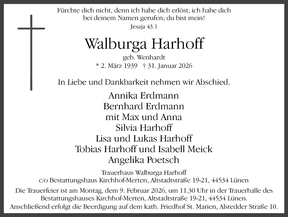  Traueranzeige für Walburga Harhoff vom 07.02.2026 aus Ruhr Nachrichten