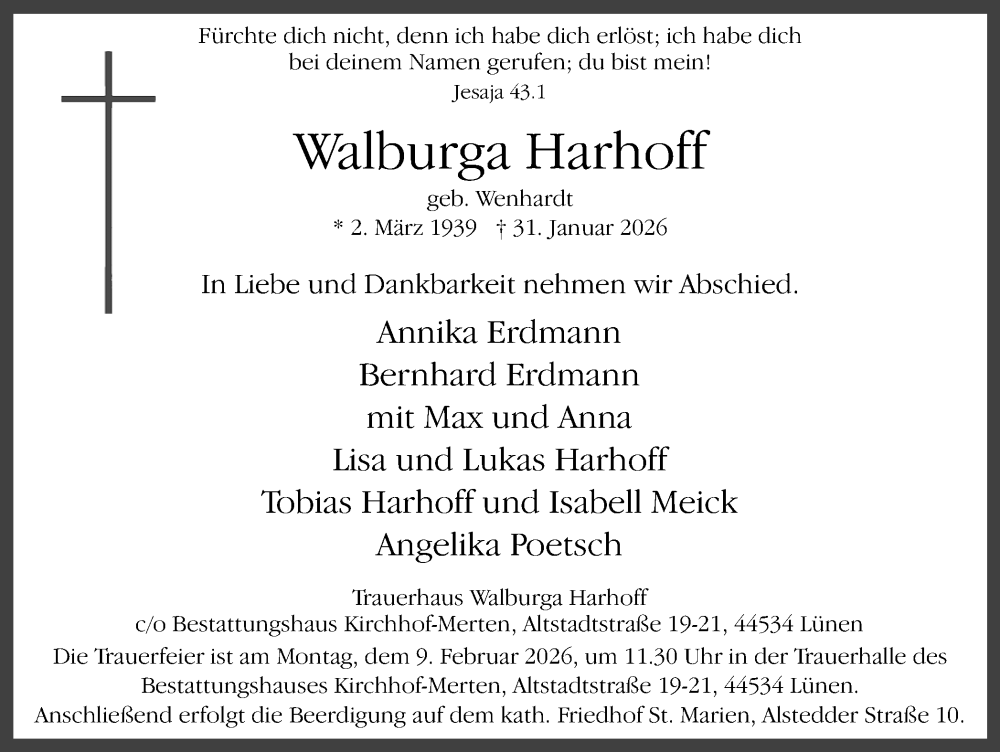  Traueranzeige für Walburga Harhoff vom 07.02.2026 aus Lüner Anzeiger