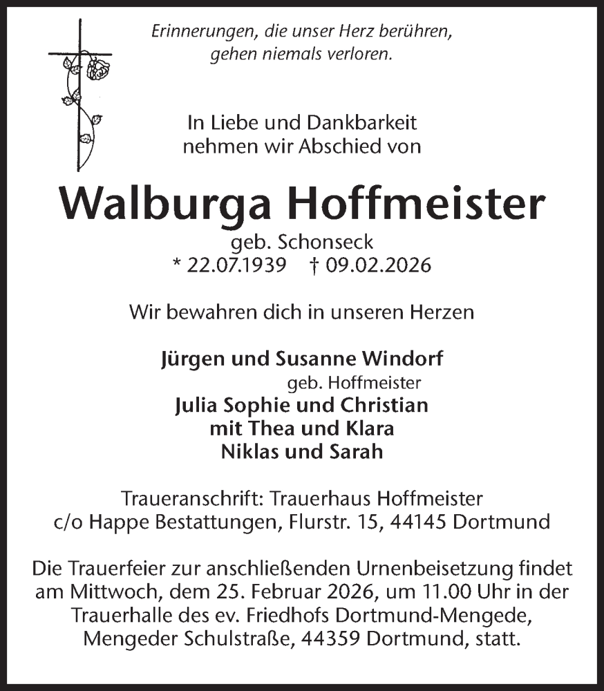  Traueranzeige für Walburga Hoffmeister vom 21.02.2026 aus Ruhr Nachrichten