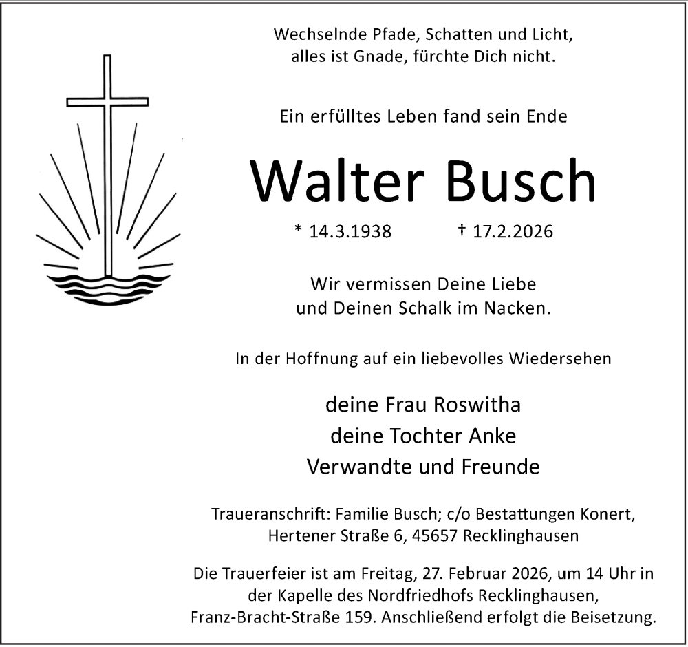  Traueranzeige für Walter Busch vom 21.02.2026 aus Trauer Vest