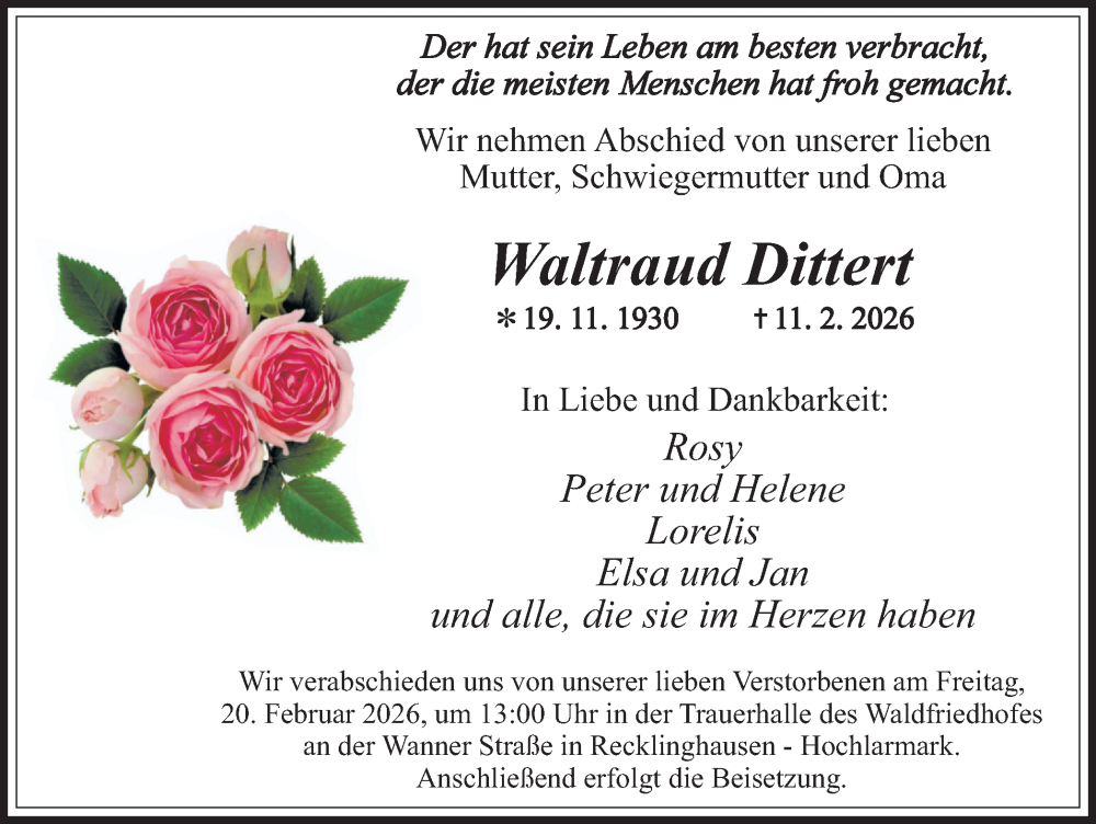  Traueranzeige für Waltraud Dittert vom 18.02.2026 aus Trauer Vest